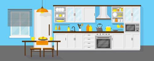 Kitchen interior with furniture and fridge vector