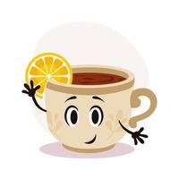 Vector white tea cup with hot drink. Tea with lemon piece. Happy cartoon character with print on surface