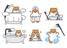 Set of cute drawn hamsters. Kawaii hamster washes and brushes his teeth, washes in the bath under the shower. Collection of avatars mascots funny character animal stickers. Vector stock illustration.