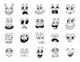 colección de viejas animaciones de dibujos animados tradicionales retro. caras antiguas de personas con diferentes emociones de los años 20 y 30. expresiones de caracteres emoji 50s 60s. la cabeza se enfrenta a elementos de diseño en estilo cómico vector