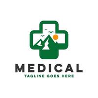 logotipo de ilustración de símbolo de cruz médica con montaña vector