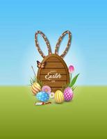 Easter poster. Egg shaped wooden board with rabbit ears on spring landscape. Happy Easter background with eggs and flowers vector