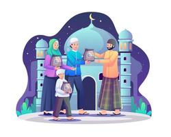 The Family gives Zakat charity, an important Islamic obligation of donation and charity on Holy Month Ramadan Kareem. Flat style vector illustration