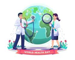 a couple of Doctors are checking the health of the globe earth with a stethoscope on world health day. Flat style vector illustration