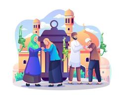 musulmanes celebrando eid al-fitr. la familia se saluda y la tradición se disculpa mientras eid mubarak. ilustración vectorial de estilo plano vector