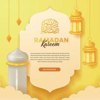 Hanging fanous arabic lantern with 3d tower mosque for greeting social media template for ramadan kareem or islamic event with arabic calligraphy vector