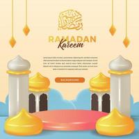 ramadan kareem greeting card invitation with 3d cute mosque dome with cylinder podium product display stage with arabic calligraphy vector