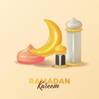 3d cute islamic object, dome, tower mosque, lantern and moon crescent for islamic event, ramadan kareem, eid, mubarak vector