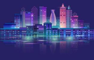 Night City Panorama with Neon Glow on Dark Background. Vector. vector