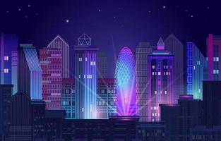 Night City Panorama with Neon Glow on Dark Background. Vector. vector