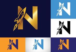 alfabeto inicial de la letra del monograma n con un diseño de logotipo de cohete. icono de cohete. emblema de fuente logotipo vectorial moderno para la identidad empresarial y empresarial. vector