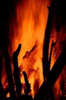 Close up of burning logs in the fireplace on black background photo