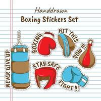 Hand drawn Boxing Equipment Stickers with lined notebook paper as Background