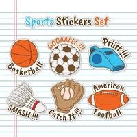Hand drawn Sports Equipment Stickers with lined notebook paper as Background