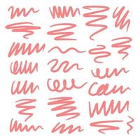 Set of abstract brushstrokes, lines, squiggles and swirls in pink colors. Vector hand-drawn illustration isolated on white background. Perfect for decorations, various designs.