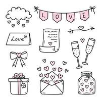 Cute set of doodles for Valentine's Day - glasses of champagne, love letters, envelopes with hearts, gifts and others. Vector hand-drawn illustration. Perfect for holiday designs, stickers, decor.