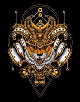 ilustración tigre samurai cabeza con geometría sagrada vector
