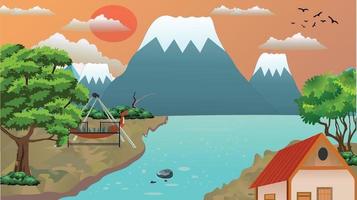 Cartoon morning view landscape with cottage, lake, natural background vector