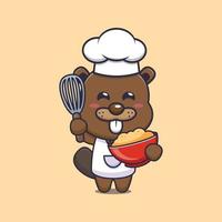 lindo personaje de dibujos animados de la mascota del chef castor con masa de pastel vector