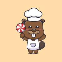 lindo personaje de dibujos animados de la mascota del chef castor con dulces vector