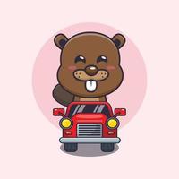 cute beaver mascot cartoon character ride on car vector