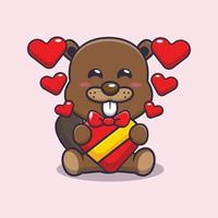 cute beaver mascot cartoon character illustration in valentine day vector