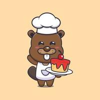 lindo personaje de dibujos animados de la mascota del chef castor con pastel vector