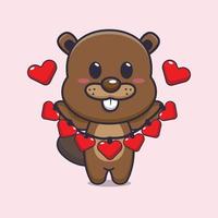 cute beaver mascot cartoon character illustration in valentine day vector