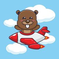 lindo personaje de dibujos animados de la mascota del castor paseo en avión jet