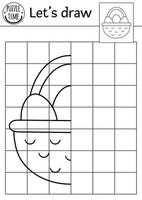 Complete the basket with eggs picture. Vector Easter drawing practice worksheet. Spring printable black and white activity for pre-school children. Copy the picture garden themed game for kids