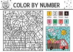 Vector Easter color by number activity with car driving eggs and carrots. Spring holiday coloring and counting game with cute bird. Funny coloration page for kids with traditional symbols.