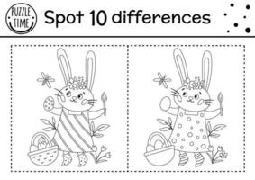 Easter find differences game for children. Holiday black and white educational activity and coloring page with funny bunny coloring egg. Spring seasonal printable worksheet with cute character.
