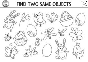 Find two same objects. Easter black and white matching activity for children. Funny spring educational logical quiz worksheet for kids. Simple printable game with cute bird, egg, bunny, basket, flower