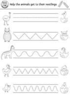 Vector Easter or mother day handwriting practice worksheet. Spring printable black and white activity for pre-school children. Tracing game for writing skills with cute animals and their babies