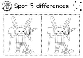Easter find differences game for children. Holiday black and white educational activity and coloring page with funny bunny with spade and carrot. Spring garden printable worksheet with cute character. vector