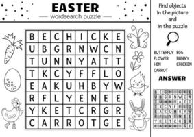 Vector black and white Easter wordsearch puzzle for kids. Simple spring crossword with traditional holiday symbols for children. Keyword activity with cute funny characters and objects