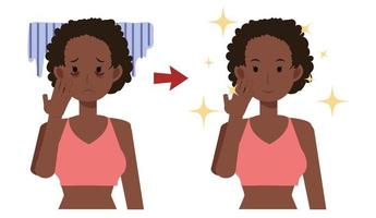 cuidado de la piel, ilustración del concepto de belleza. mujer afroamericana con círculos oscuros en la cara. mujer preocupada por los círculos oscuros.antes después.ilustración de personaje de dibujos animados de vector plano.