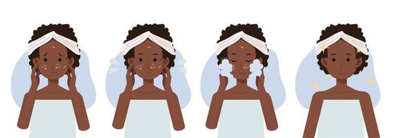 concepto de cuidado de la piel, espuma de limpieza facial, tratamiento del acné antes y después, mujer afroamericana. ilustración de dibujos animados de vector plano
