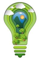 Save energy creative idea concept, Paper carve of light bulb with green eco environment, Vector illustration, conservation paper art style.