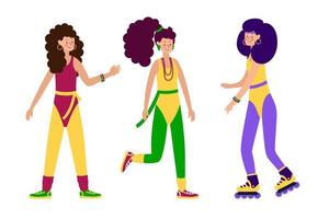 felices personajes jóvenes chicas con ropa de moda, polainas y trajes de baño y peinados de la elegante fiesta retro de mujeres de los años 80-90. ilustración vectorial de personas de dibujos animados vector