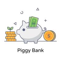 Piggy bank in flat outline icon, money savings vector