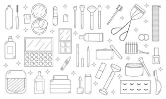 Hand drawn set of cosmetics and cosmetic products for face and nails care. vector