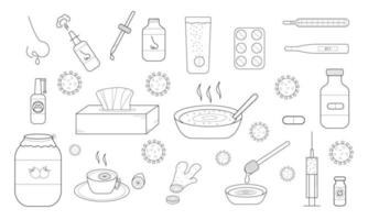 Hand-drawn set of elements related to colds. Methods of treatment for colds.