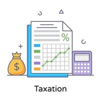 Business document with number cruncher and money bag, taxation icon vector