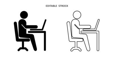 Office worker vector icon. Working place at the table with a laptop