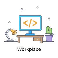 Computer with desk lamp showing concept of workplace icon vector