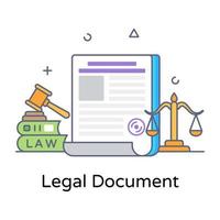 Hammer with paper denoting flat outline icon of legal document vector