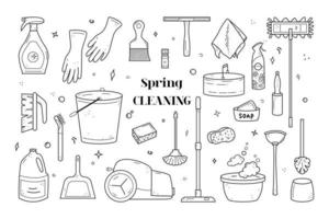 Hand drawn set of cleaning agents, mops, vacuum cleaner, bucket, brushes, soap, rubber gloves. Spring clean chores elements. Vector illustration in doodle sketch style isolated on white background