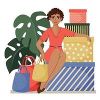 A woman is sitting on cardboard boxes. There are shopping bags next to her. The concept of sale and shopping. Vector