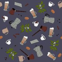 Seamless pattern with coffee drinks, barista tools, coffee beans vector